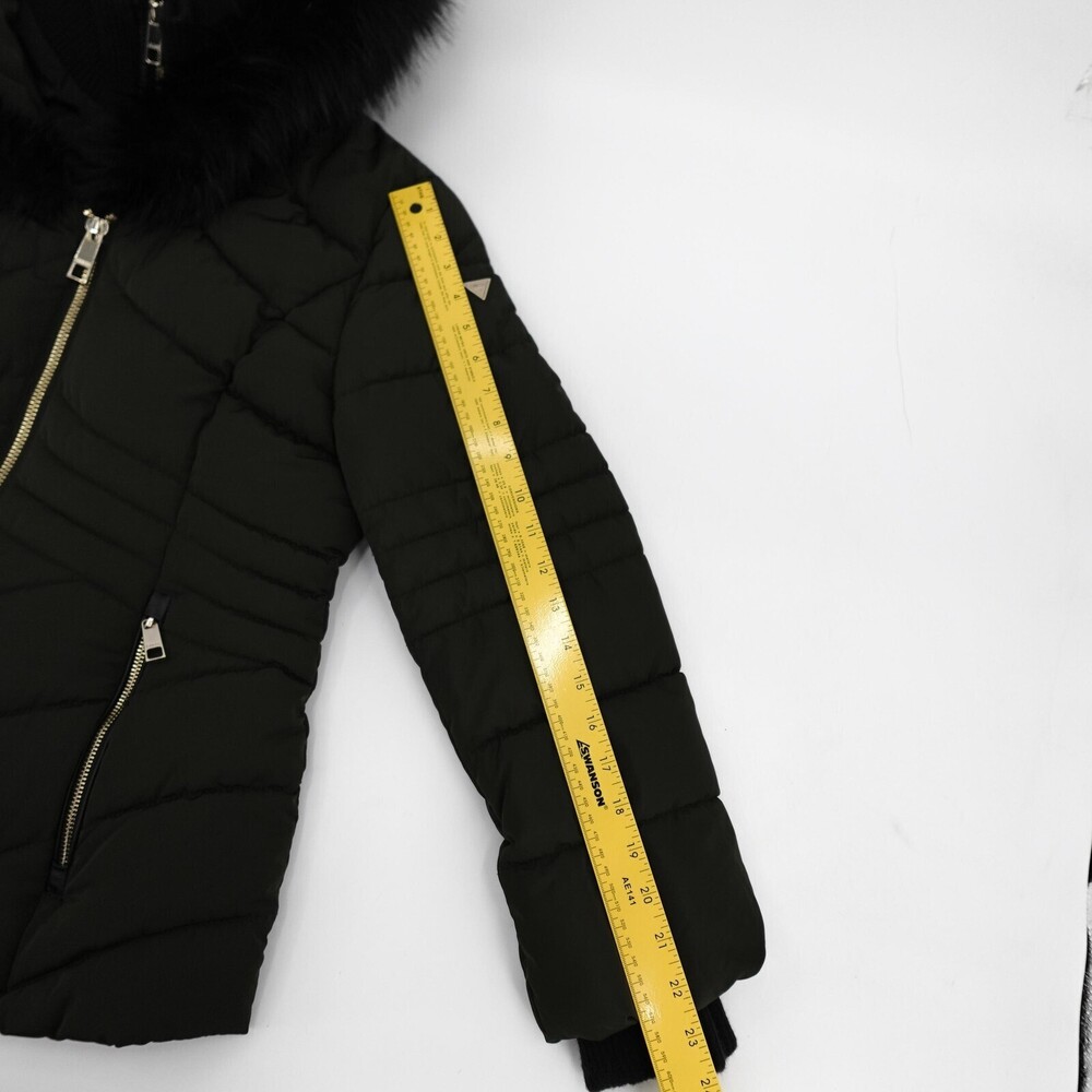 GUESS Jacket Womens Large Green Puffer Hood Faux Fur Trim Zip Pockets Warm - Picture 8 of 16